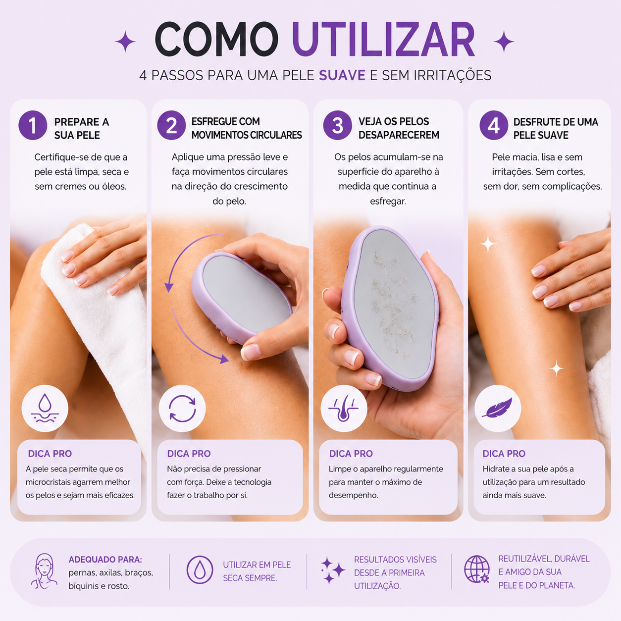 Goma depilatória ORYVIO SmoothTouch™ - Uma pele suave em segundos, sem lâminas, sem dor.